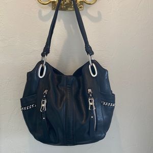 B Makowsky black leather rock star hobo